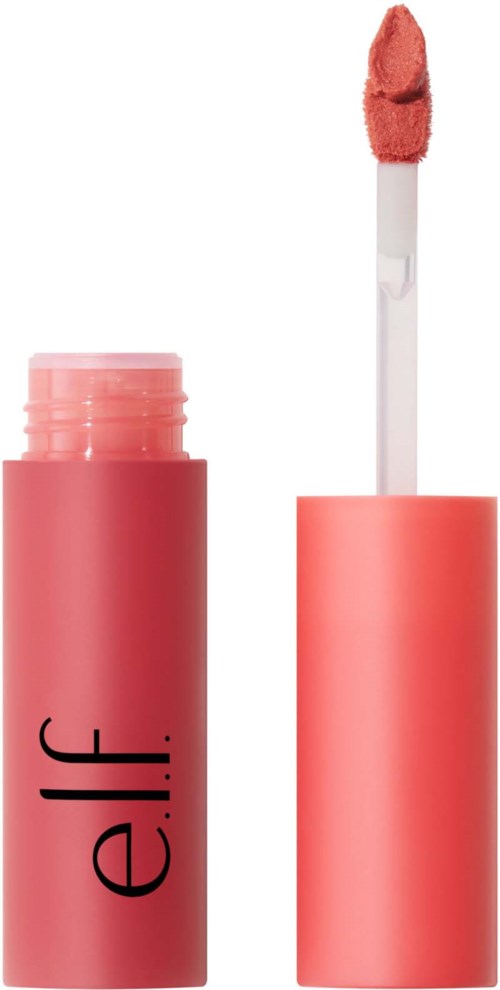 A pink lip gloss tube with a wand applicator and a pink lipstick inside. The wand is pulled out showing the lipstick.