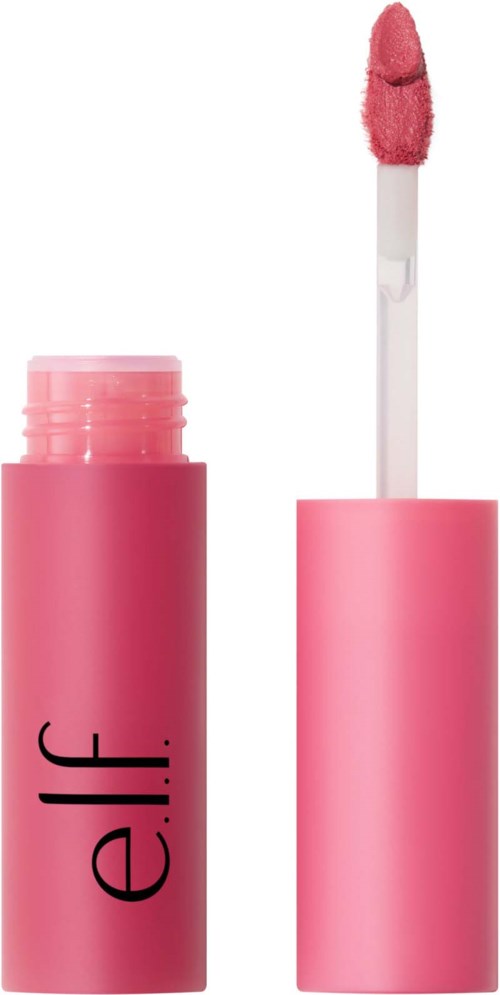 Pink lip gloss with wand applicator and open bottle.