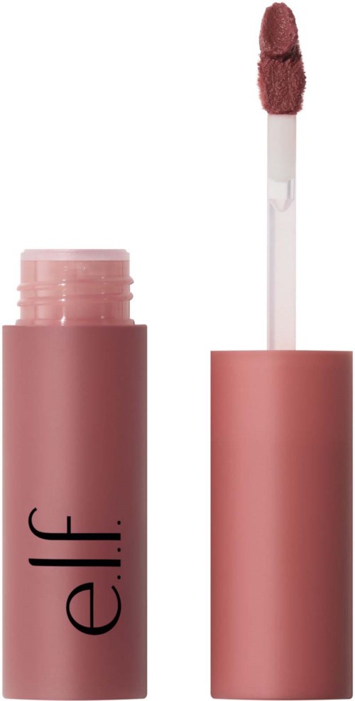 A pink lip gloss tube with the applicator removed, showing the wand and soft lip color.