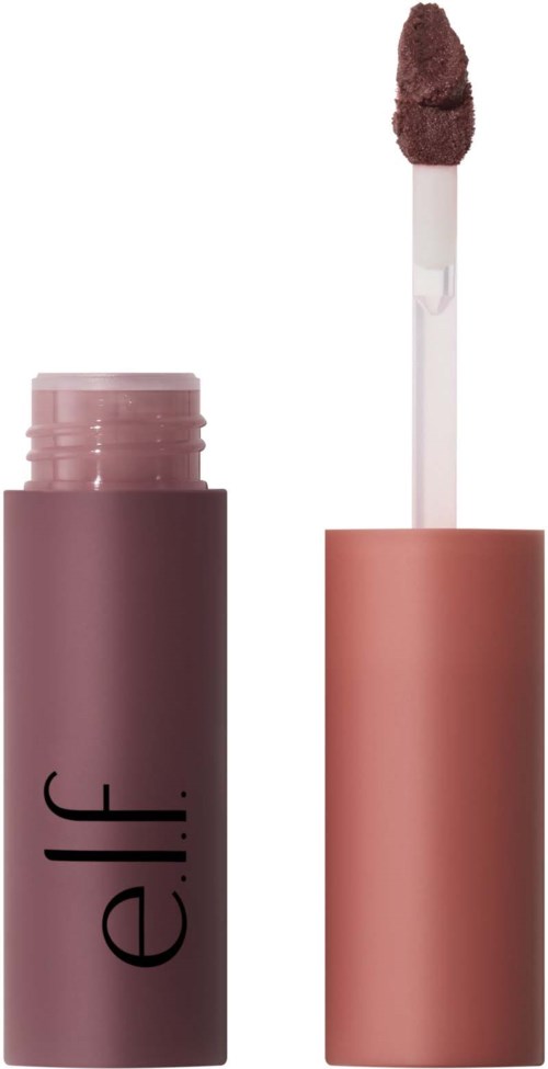 A lip gloss tube with a wand remover showing a mauve-colored gloss.