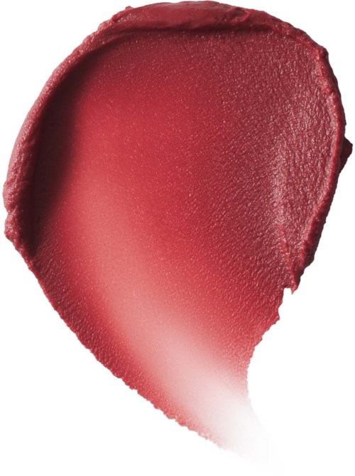 A lipstick swatch in deep red color with a shiny, smooth texture.
