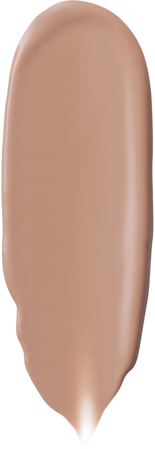 Ett beige sminkprodukt med en slät, rund yta och en smalare ände.