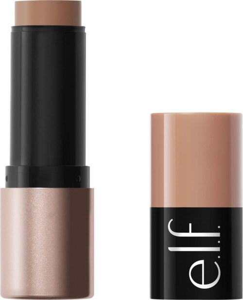 En makeup-penna med svart topp och ljusbeige bas, bredvid en matchande beige och svart behållare med 'e.l.f.' skrivet.
