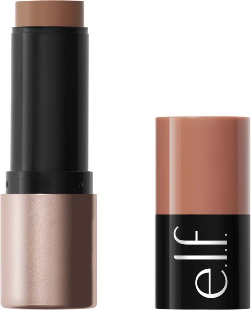 Ett läppstift med svart och beige behållare, delvis öppet och visar beige läppstift inuti.