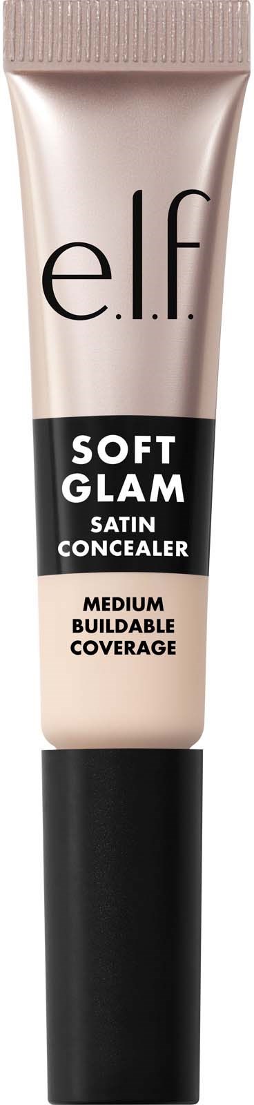 e.l.f. Soft Glam Satin Concealer -putki, jossa musta ja beige pakkaus ja paksu teksti, kertoo tarjoavansa keskivahvan peittävyyden.