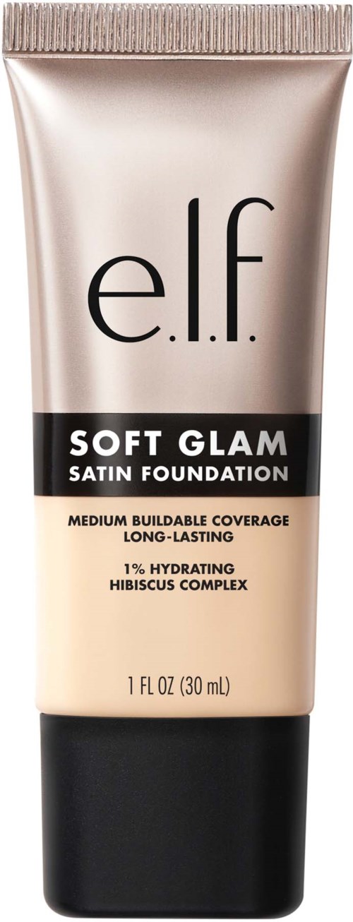 En tub med e.l.f. Soft Glam Satin Foundation med svart och beige design, visar produktnamn och detaljer.