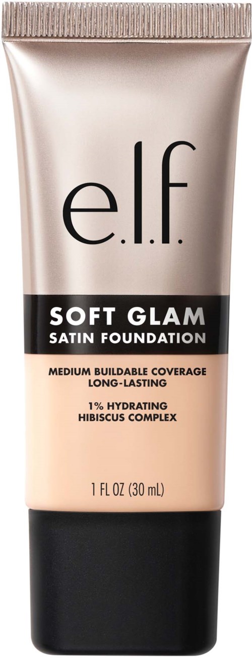 E.l.f. Soft Glam Satin Foundation putki, beige ja musta pakkaus, mainitsee peittävyyttä ja kosteutusta.