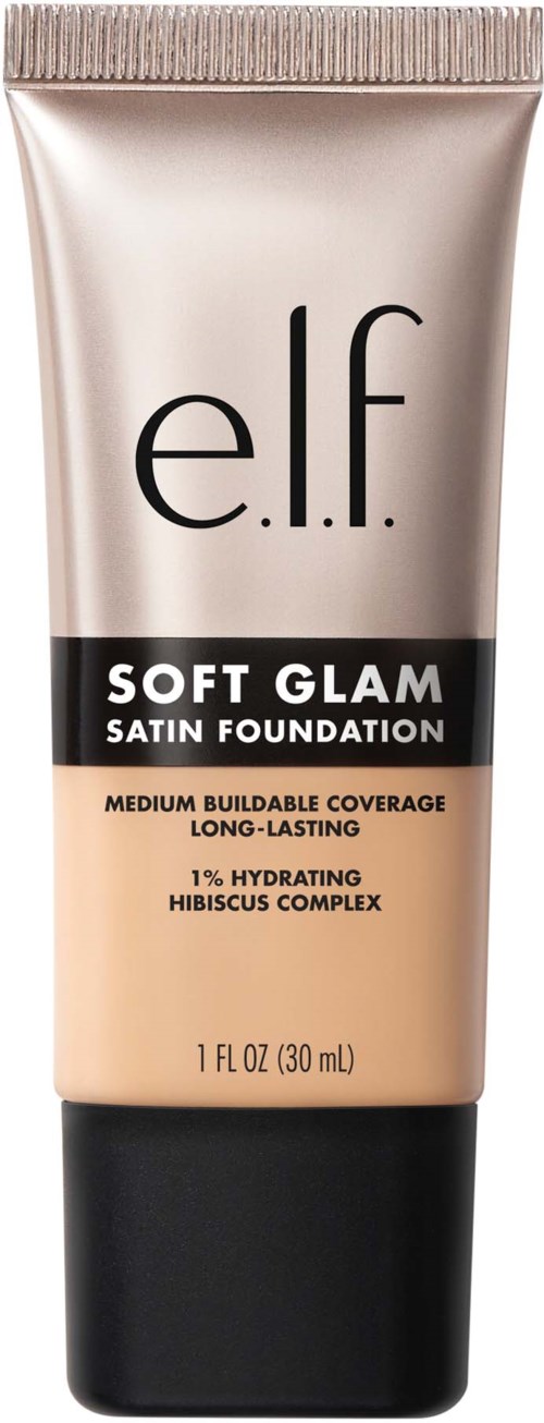 Tube med e.l.f. Soft Glam Satin Foundation, middels dekkevne, langvarig, med hydratiserende hibiskuskompleks.