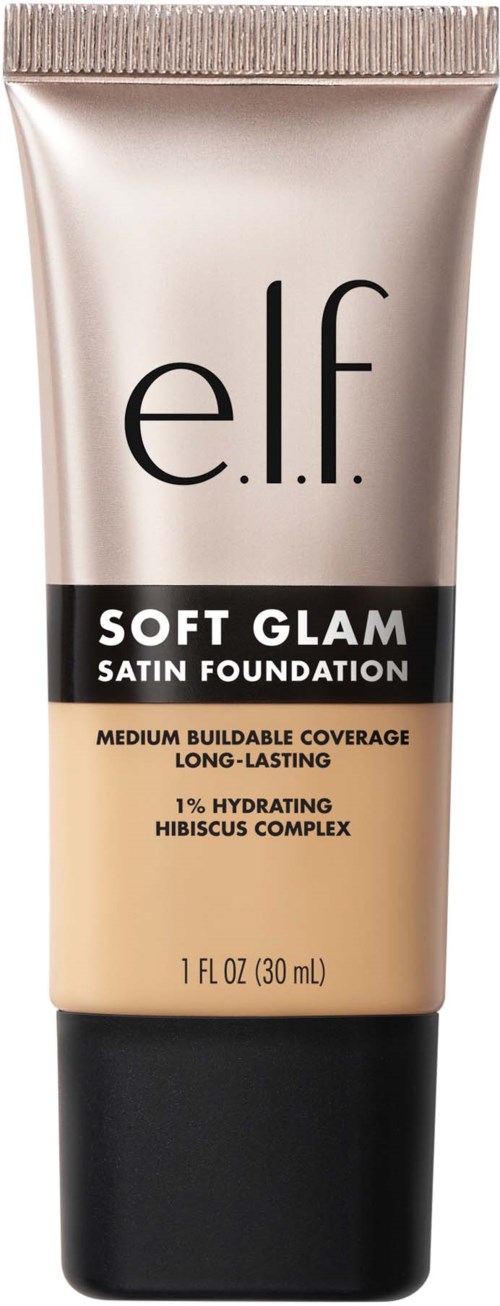 En tub med e.l.f. Soft Glam Satin Foundation i beige och svart färg, märkt som långvarig och fuktgivande.