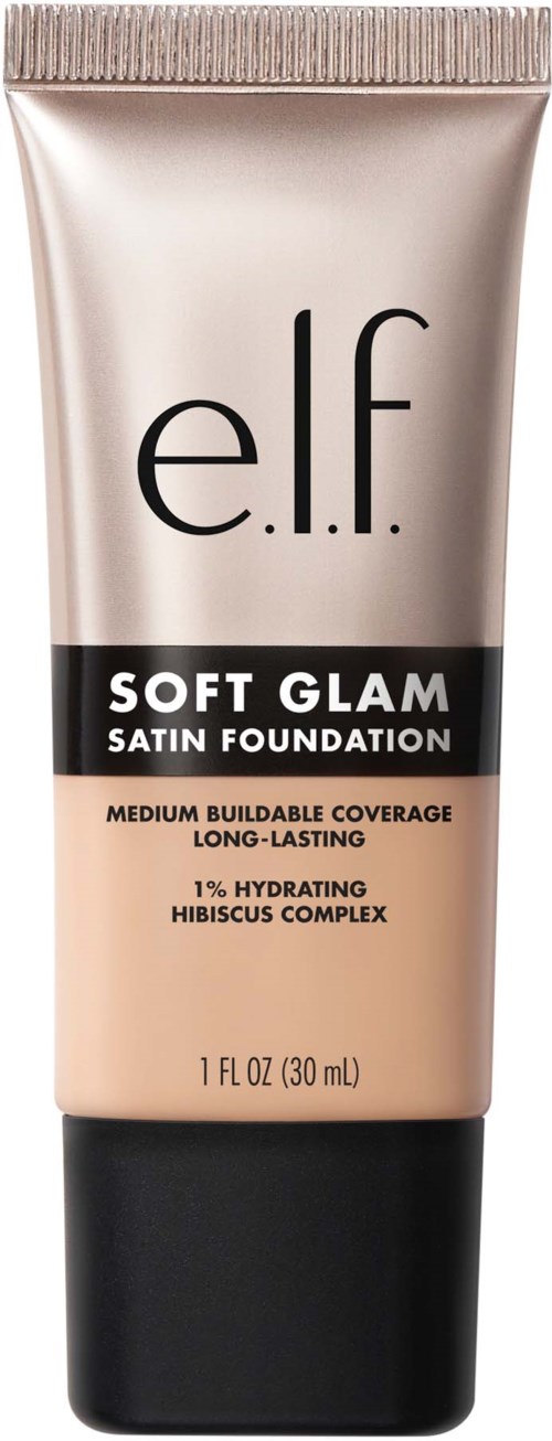 En tube med e.l.f. Soft Glam Satin Foundation med svarte og beige farger, og produktdetaljer på forsiden.