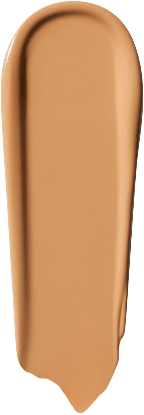 En beige makeup-borste med rund, slät form och mjuka borstar. Ren och snygg design.
