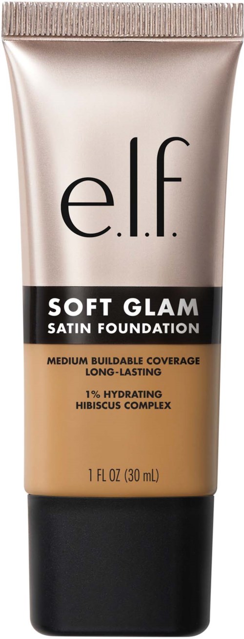 Rör av e.l.f. soft glam satin foundation med svart, beige och roséguldfärger.