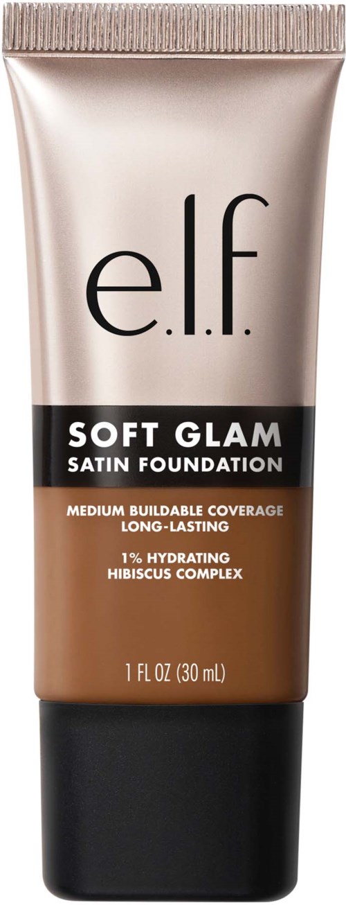 En tub med e.l.f. Soft Glam Satin Foundation med beiget och svart förpackning.