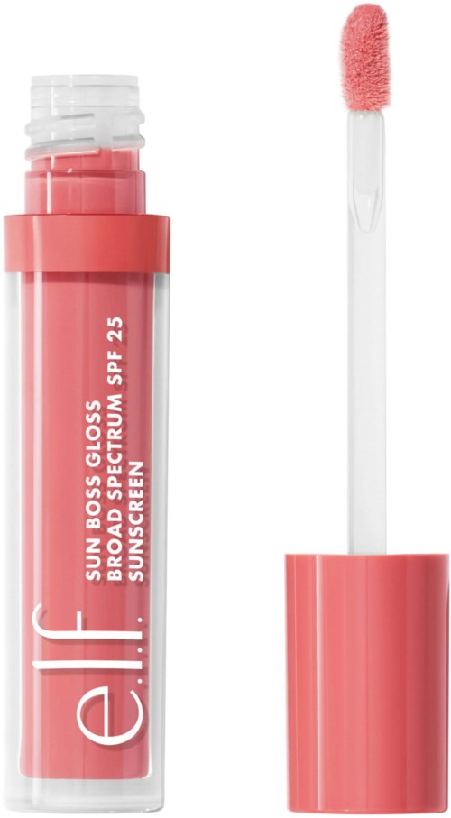 Läppglansrör med applicator, rosa färg och vit text, redo för att användas på läpparna.