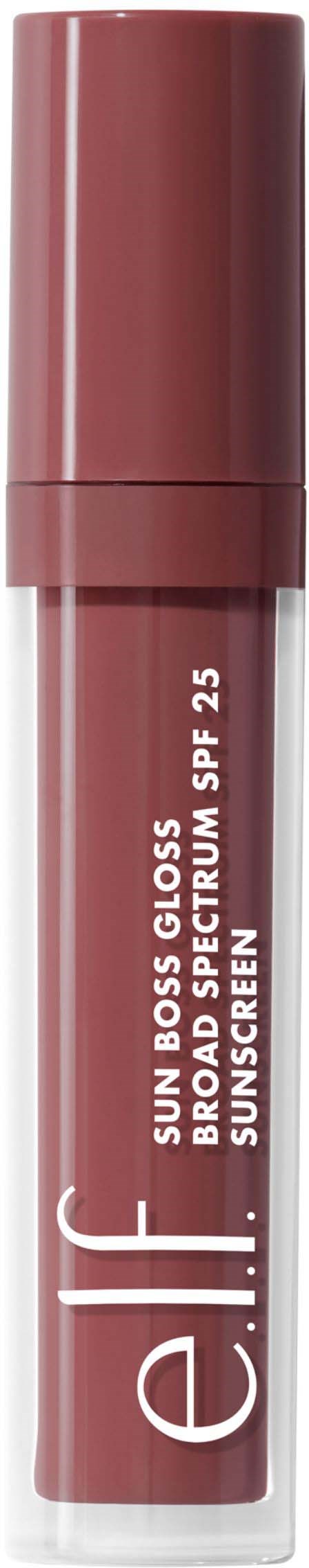 En läppstiftstift märkt 'e.l.f. Sun Boss Gloss Dewy Boost' med SPF 25. Brunaktig färg. Minimalistisk design.