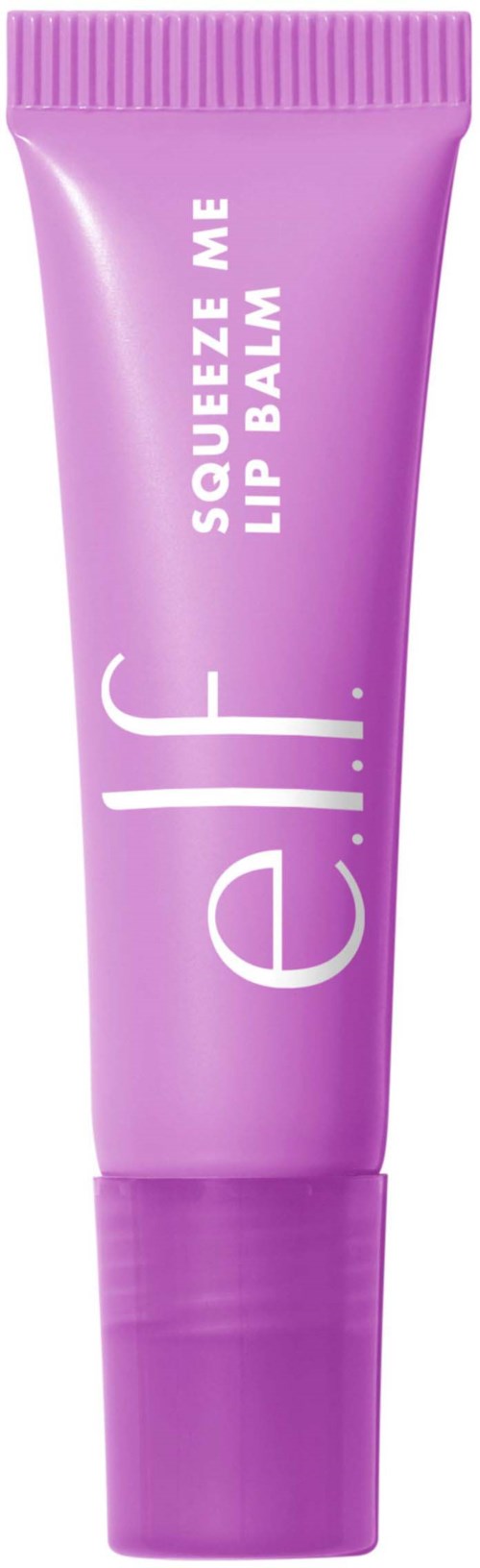 Lila läppbalsamtub med vitt text som säger "e.l.f. Squeeze Me Lip Balm".