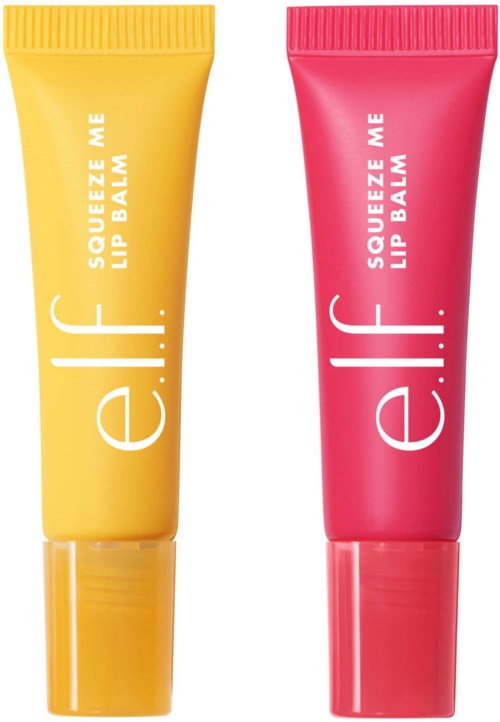 Två rör med läppbalsam, ett gula och ett rosa, med texten 'Squeeze Me Lip Balm' och 'e.l.f.' på varje.