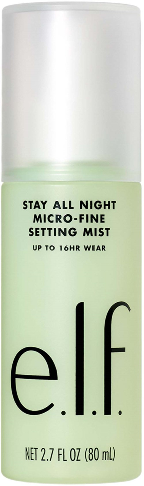 Grön flaska med svart text, marknadsför ett all-night inställningsspray för upp till 16 timmar.