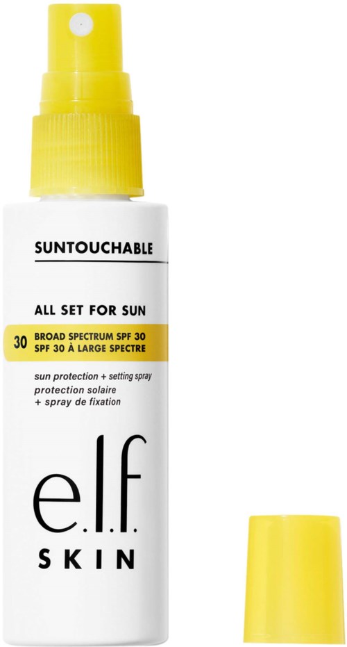 Solkrem spray med gul lokk, SPF 30, for solbeskyttelse og hudpleie.
