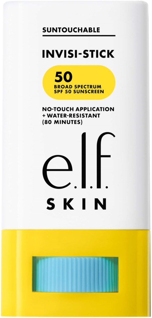 En hvit tube med gul band nederst viser elf skin solkremstift med SPF 50. Den er vannavstøtende og varer i 80 minutter.