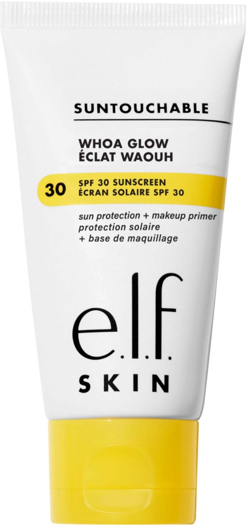 En vit tub med e.l.f. hudvårds solkräm med gul topp, SPF 30, och information om solskydd.