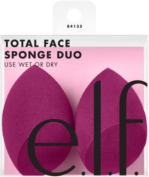 Packaging for e.l.f. sponge duo, pink and purple sponges for face, use wet or dry.
