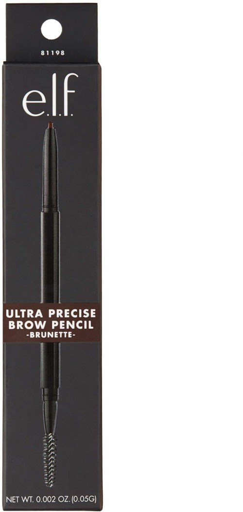En svart øyenbrynspenn med en spoolie-børste i enden, i emballasje merket 'e.l.f. Ultra Precise Brow Pencil - Brunette.'