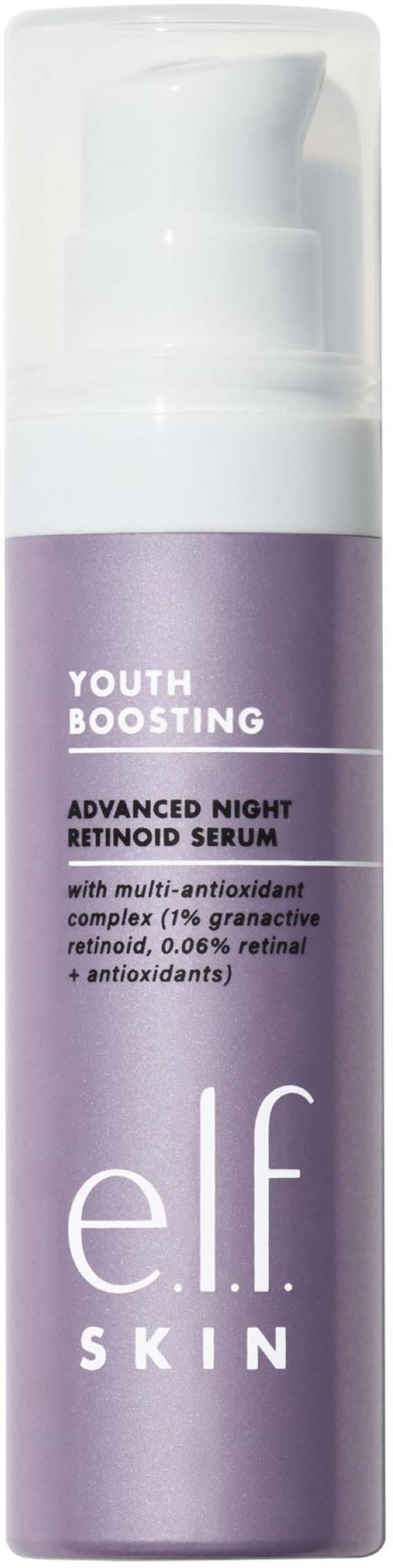 En lilla flaske med e.l.f. Skin Youth Boosting Night Serum med hvit pumpe og etikett.