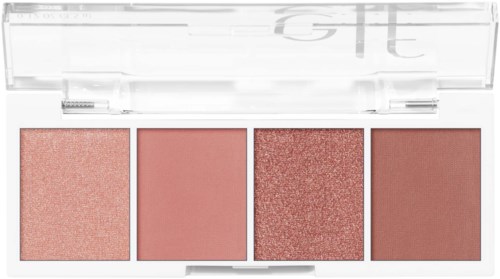 En makeuppalett med fyra rosa och röda ögonskuggor i ett tydligt plastfodral.