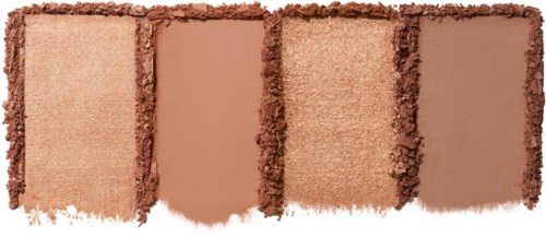 Fem olika nyanser av puderrouge är uppställda, från ljusa till mörkare toner, med ett mjukt och texturerat utseende.