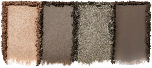 Fyra olika nyanser av grå ögonskugga i rektangulära fack, med skuggade, texturerade kanter.