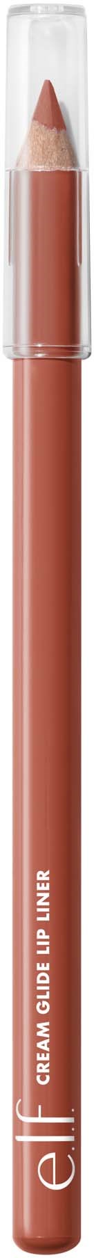 En brun leppestiftpenn med klar hette, merket 'elf' og 'scam quad lip liner'.