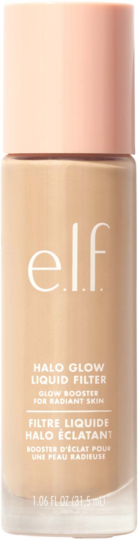 En flaske med e.l.f. Halo Glow Liquid Filter for strålende hud med rosa hette.