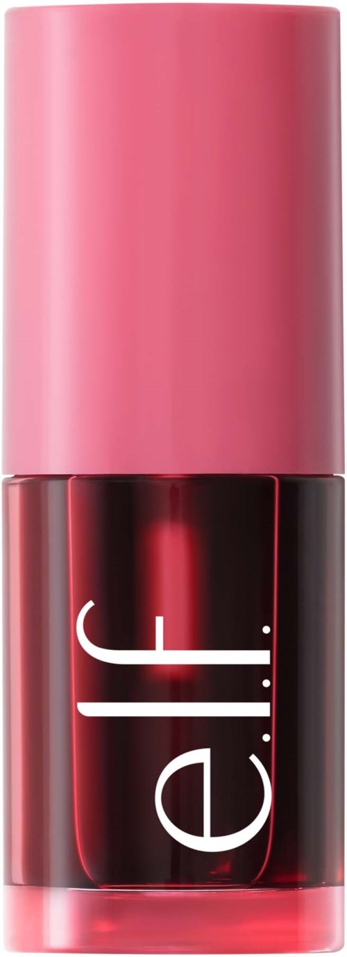 A pink cylindrical container with 'e.l.f.' written vertically on a black and pink background.