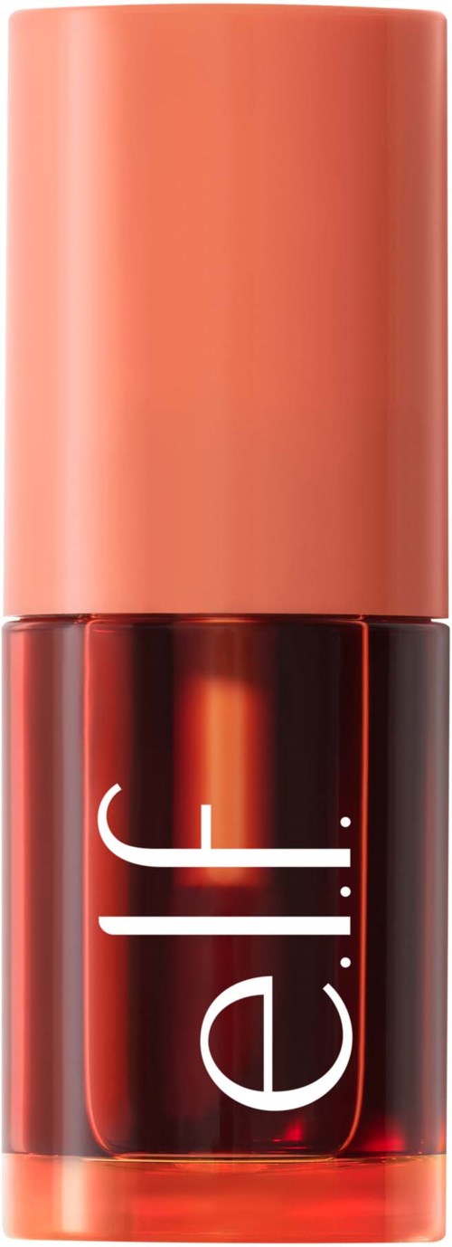 A lipstick with a peach cap and a transparent red body, showing the lipstick inside, and a white 'e.l.f.' logo.