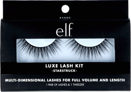 Svart box med konstgjorda ögonfransar inuti, märkt 'e.l.f. Luxe Lash Kit, Starstruck, Multi-Dimensional Lashes.'