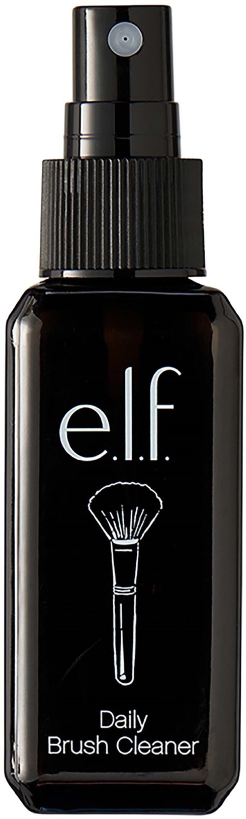 En svart sprayflaska märkt 'e.l.f. Daily Brush Cleaner' med en vit tecknad makeupborste.