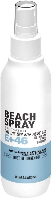 Weiße Sprühflasche mit 'Beach Spray' Beschriftung, blauer Akzent und schwarzem Text, scheint ein Stylingprodukt zu sein.