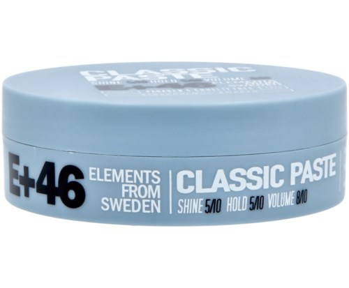 En rund, lyseblå beholder med sort og hvid tekst, indeholder stylingpasta fra Sveriges E+46 Elements.