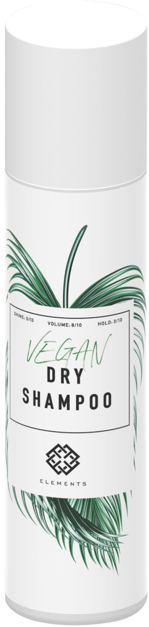 Een witte cilindervormige fles met groene bladeren, gemarkeerd 'Vegan Dry Shampoo'.