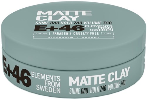 A round container of matte clay hair product from Sweden with black and white label, details about shine, hold, volume.