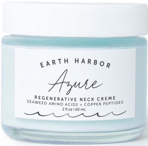Een pot Earth Harbor Azure herstellende nekcrème met zeewieraminozuren en koperpeptiden.