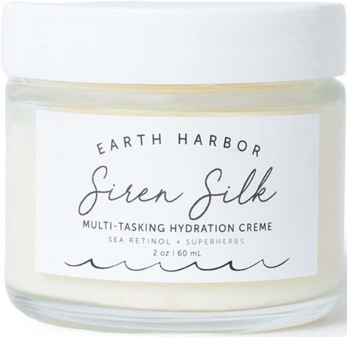En vit burk Märkt Earth Harbor Siren Silk Multi-Tasking Hydration Creme med havsretinol och superörter.