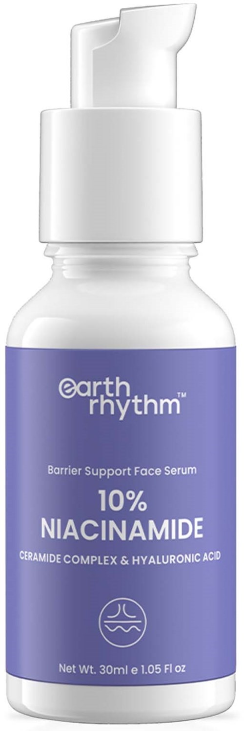 A white bottle with a blue label, stating it is a face serum with 10% Niacinamide for skin care.