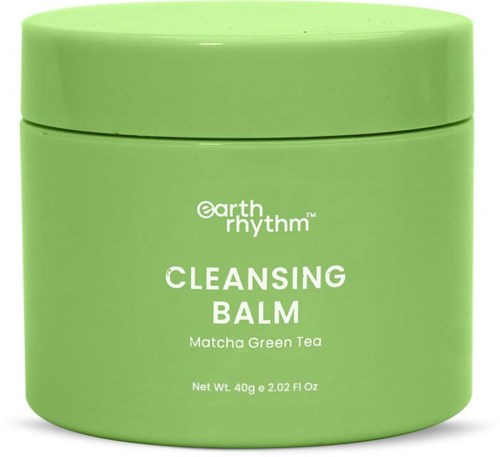 Green jar containing Earth Rhythm Cleansing Balm with matcha green tea. It has a lid and product details printed on it.