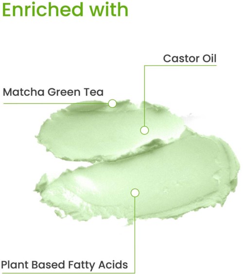 Illustration highlighting ingredients: Matcha Green Tea, Castor Oil, Plant-Based Fatty Acids in green shades.