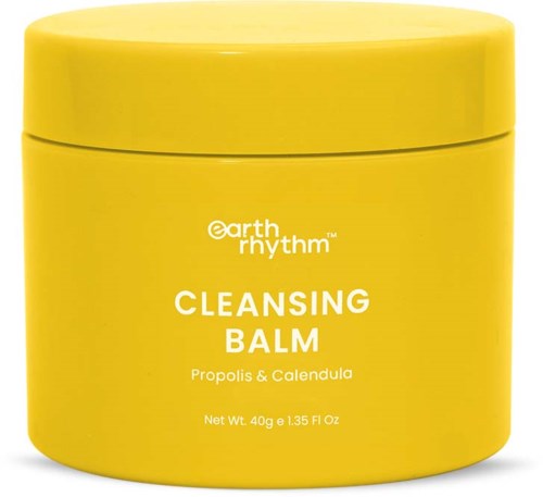 Keltainen purkki, jossa lukee 'Cleansing Balm' ja sisältää propolista ja kehäkukkaa.