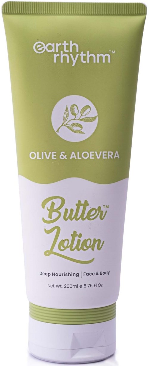 Zielona tubka z napisem Earth Rhythm, Olive & Aloe Vera, Butter Jotion, do twarzy i ciała.