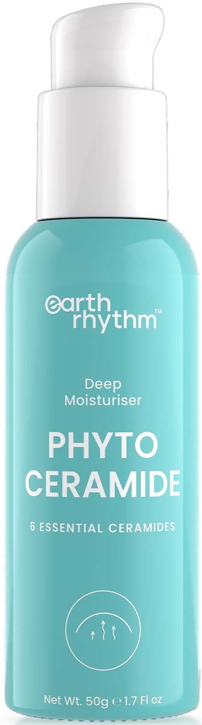 A light blue bottle with white cap, labeled Earth Rhythm Phyto Ceramide, deep moisturizer with six essential ceramides.