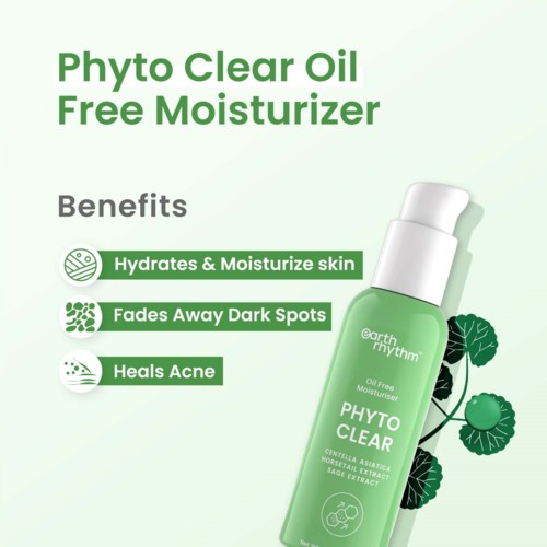 En grøn flaske med Phyto Clear Oil Free Moisturizer med fordele listet og planteillustrationer.
